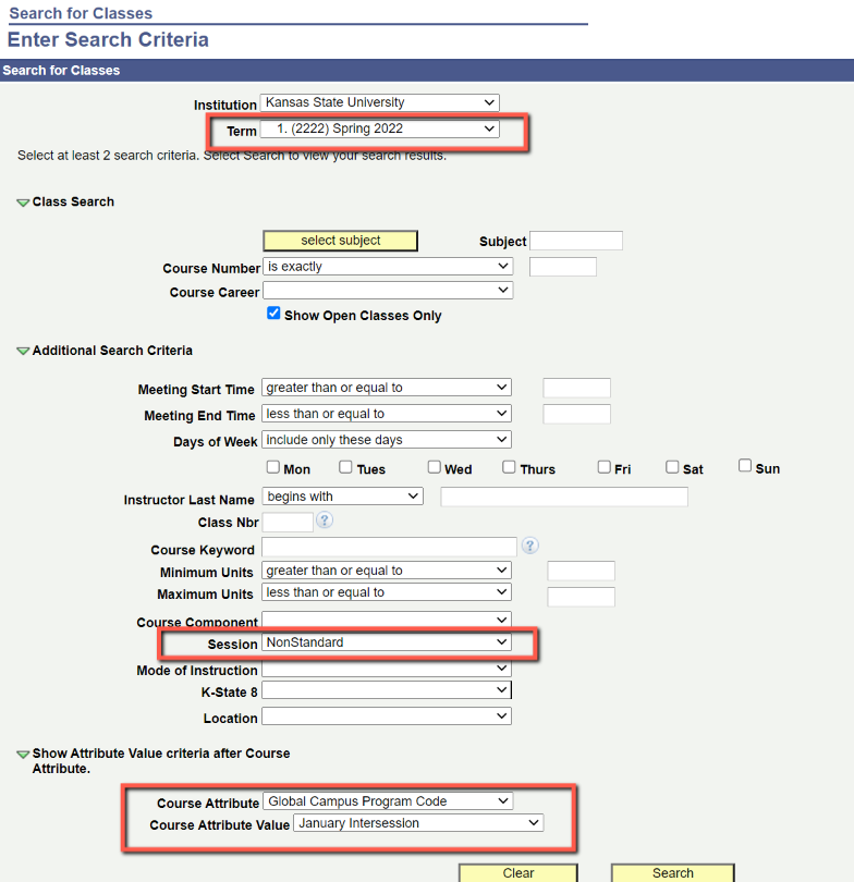 KSIS Course Search - Intersession